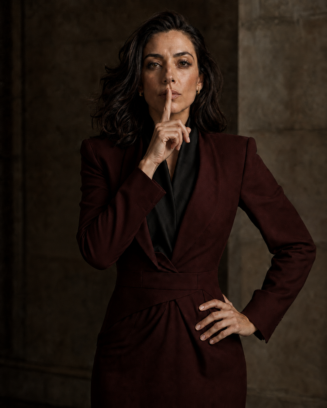 Adult fashion model making a discreet silence gesture with one finger over her lips
