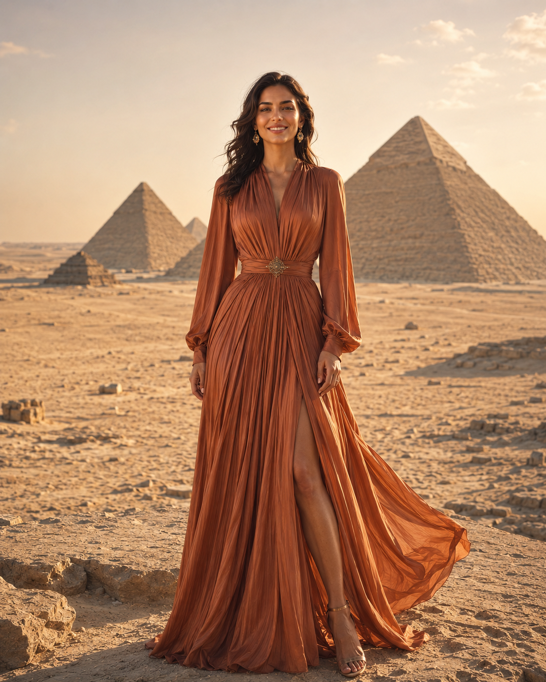 Adult fashion model in an elegant terracotta dress in front of the Pyramids of Giza