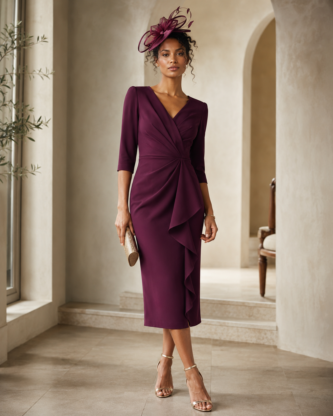 Naomi, an adult digital model wearing British occasionwear
